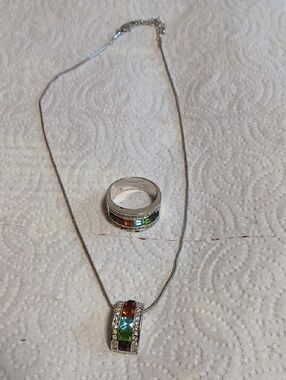 Silver Multicolor Crystal Pendant Necklace and Ring Set